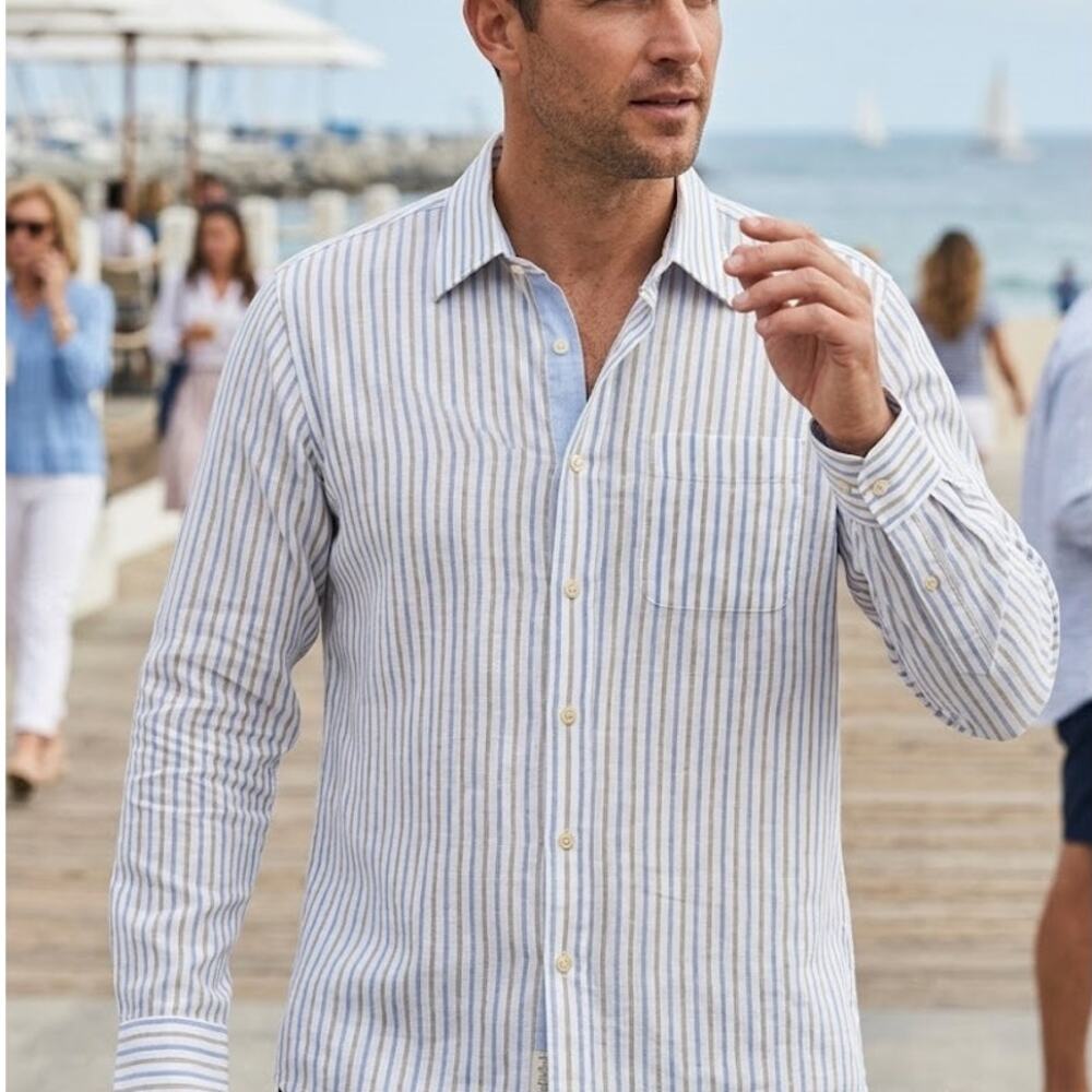 Peter Millar Mens Large 100% Linen Button Down Shirt Blue Resort Old Money - Picture 4 of 9